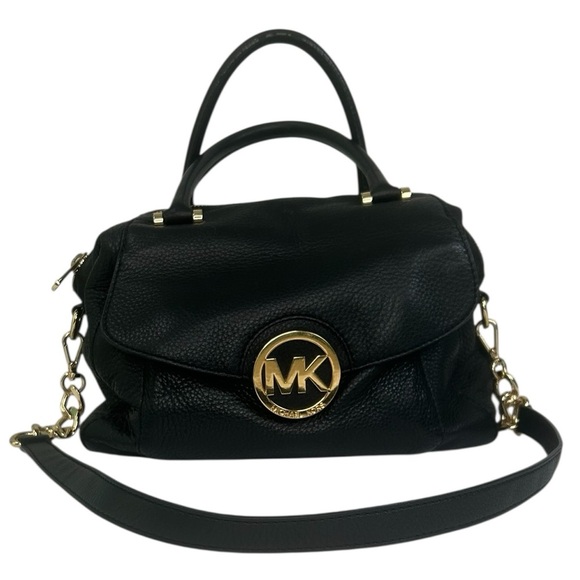 Michael Kors Fulton Large Satchel CrossBody Pebbled Black Leather Bag Purse Chic - Picture 6 of 16